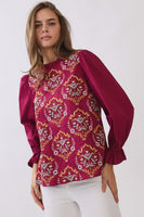 Oddi Embroidered Peasant Sleeve Top in Burgundy