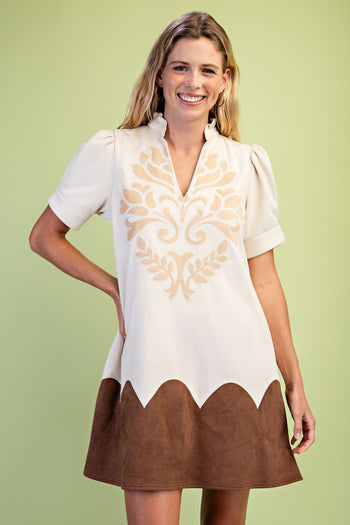 GiGio Faux Suede V-neck Dress in Eggnog