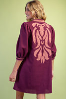 GiGio Linen Blend V-neck Applique Mini Dress in Plum