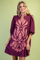 GiGio Linen Blend V-neck Applique Mini Dress in Plum