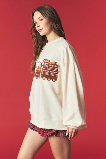 Peach Love Christmas Train Mock Neck Sweatshirt in Ivory