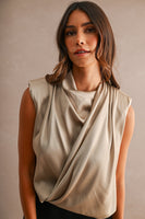 MABLE Satin Sleeveless Draped Shoulder Pad Wrap Front Top in Taupe