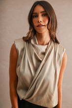 Load image into Gallery viewer, MABLE Satin Sleeveless Draped Shoulder Pad Wrap Front Top in Taupe
