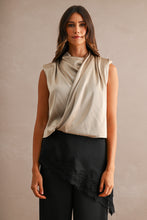 Load image into Gallery viewer, MABLE Satin Sleeveless Draped Shoulder Pad Wrap Front Top in Taupe
