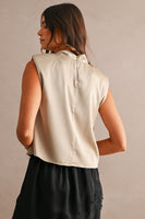MABLE Satin Sleeveless Draped Shoulder Pad Wrap Front Top in Taupe