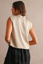 Load image into Gallery viewer, MABLE Satin Sleeveless Draped Shoulder Pad Wrap Front Top in Taupe
