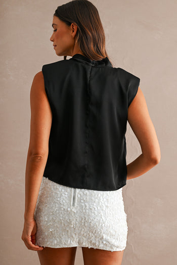 MABLE Satin Sleeveless Draped Shoulder Pad Wrap Front Top in Black