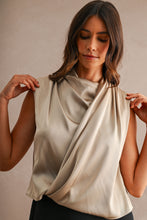 Load image into Gallery viewer, MABLE Satin Sleeveless Draped Shoulder Pad Wrap Front Top in Taupe

