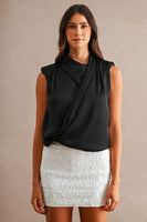 MABLE Satin Sleeveless Draped Shoulder Pad Wrap Front Top in Black
