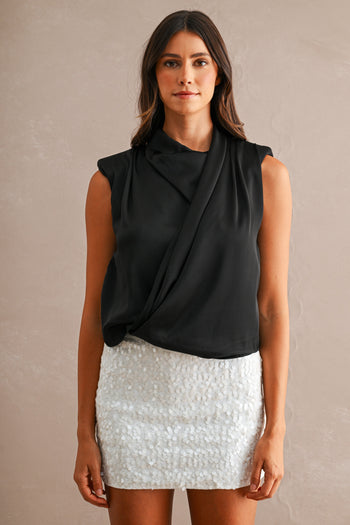 MABLE Satin Sleeveless Draped Shoulder Pad Wrap Front Top in Black