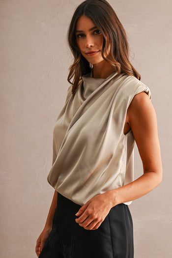 MABLE Satin Sleeveless Draped Shoulder Pad Wrap Front Top in Taupe