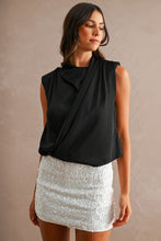 Load image into Gallery viewer, MABLE Satin Sleeveless Draped Shoulder Pad Wrap Front Top in Black
