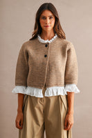 MABLE Knit Poplin Ruffle Button Up Cardigan in Mocha