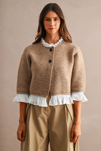 MABLE Knit Poplin Ruffle Button Up Cardigan in Mocha