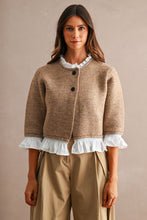 Load image into Gallery viewer, MABLE Knit Poplin Ruffle Button Up Cardigan in Mocha
