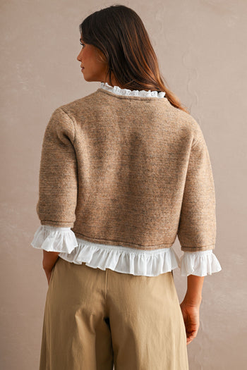 MABLE Knit Poplin Ruffle Button Up Cardigan in Mocha