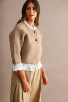 MABLE Knit Poplin Ruffle Button Up Cardigan in Mocha