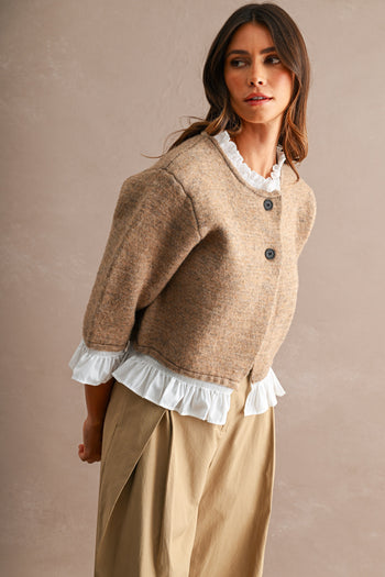 MABLE Knit Poplin Ruffle Button Up Cardigan in Mocha