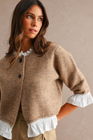 MABLE Knit Poplin Ruffle Button Up Cardigan in Mocha