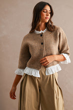Load image into Gallery viewer, MABLE Knit Poplin Ruffle Button Up Cardigan in Mocha
