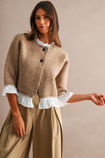 MABLE Knit Poplin Ruffle Button Up Cardigan in Mocha