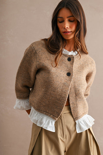 MABLE Knit Poplin Ruffle Button Up Cardigan in Mocha