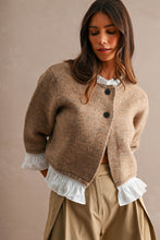 Load image into Gallery viewer, MABLE Knit Poplin Ruffle Button Up Cardigan in Mocha
