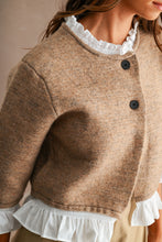 Load image into Gallery viewer, MABLE Knit Poplin Ruffle Button Up Cardigan in Mocha
