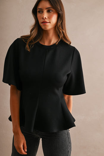 MABLE Flared Peplum Hem Top in Black