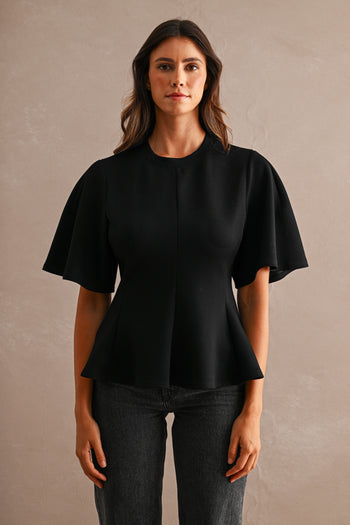 MABLE Flared Peplum Hem Top in Black