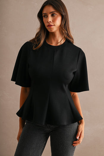 MABLE Flared Peplum Hem Top in Black