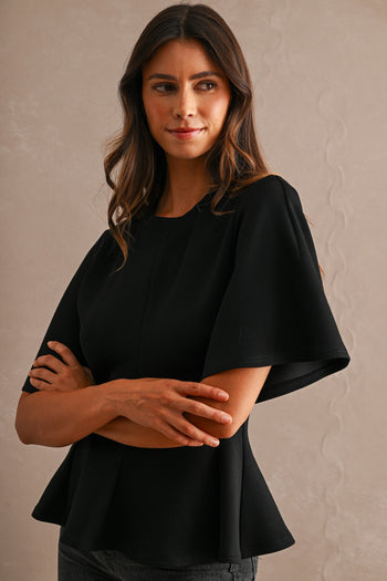 MABLE Flared Peplum Hem Top in Black