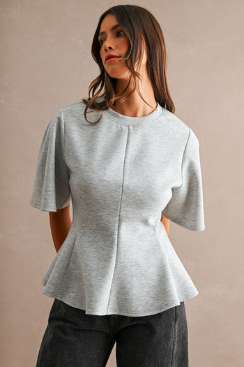 MABLE Flared Peplum Hem Top in Heather Grey