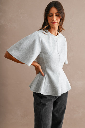 MABLE Flared Peplum Hem Top in Heather Grey