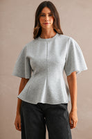 MABLE Flared Peplum Hem Top in Heather Grey