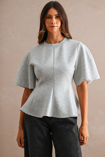 MABLE Flared Peplum Hem Top in Heather Grey