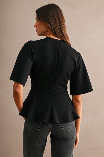 MABLE Flared Peplum Hem Top in Black