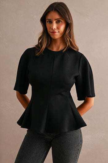 MABLE Flared Peplum Hem Top in Black