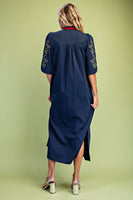 GiGio Floral Embroidered Striped Detail V-Neck Midi Dress in Navy
