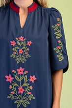 Load image into Gallery viewer, GiGio Floral Embroidered Striped Detail V-Neck Midi Dress in Navy
