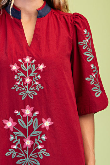 GiGio Floral Embroidered Striped Detail V-Neck Midi Dress in Burgundy