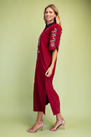 GiGio Floral Embroidered Striped Detail V-Neck Midi Dress in Burgundy