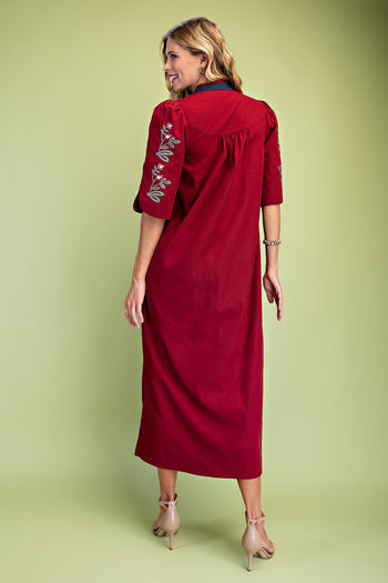 GiGio Floral Embroidered Striped Detail V-Neck Midi Dress in Burgundy