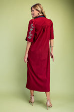 Load image into Gallery viewer, GiGio Floral Embroidered Striped Detail V-Neck Midi Dress in Burgundy
