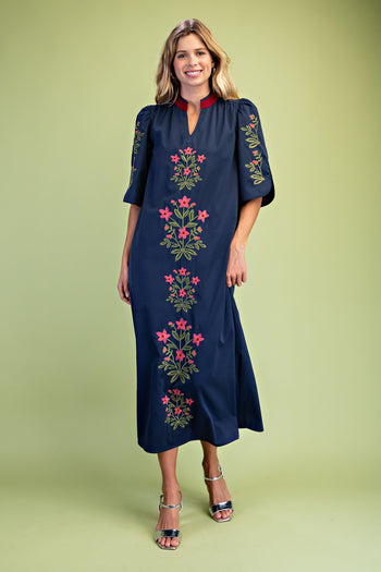 GiGio Floral Embroidered Striped Detail V-Neck Midi Dress in Navy