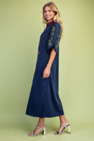 GiGio Floral Embroidered Striped Detail V-Neck Midi Dress in Navy
