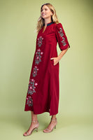 GiGio Floral Embroidered Striped Detail V-Neck Midi Dress in Burgundy