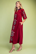 Load image into Gallery viewer, GiGio Floral Embroidered Striped Detail V-Neck Midi Dress in Burgundy
