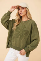 Heimish Floral Applique Puff Sleeve Sweatshirt in Olive