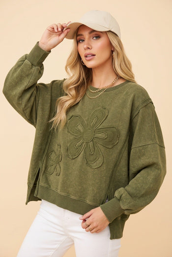 Heimish Floral Applique Puff Sleeve Sweatshirt in Olive